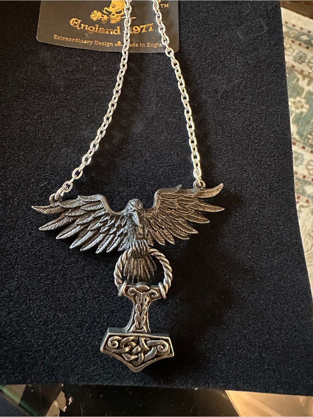 England 1977 Silver-Tone Viking Eagle with Thor's Hammer Necklace